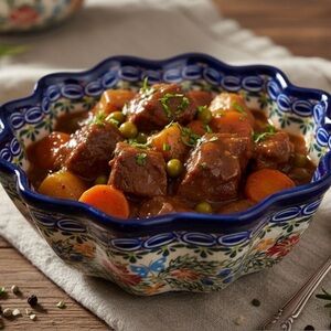 Ceramika Artystyczna Red Floral Butterfly Handmade Ceramic Bowl 8" Scalloped
